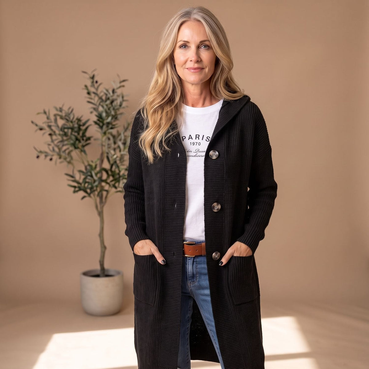 Emma | Women's Long Ribbed Knit Cardigan with Hood and Button Front