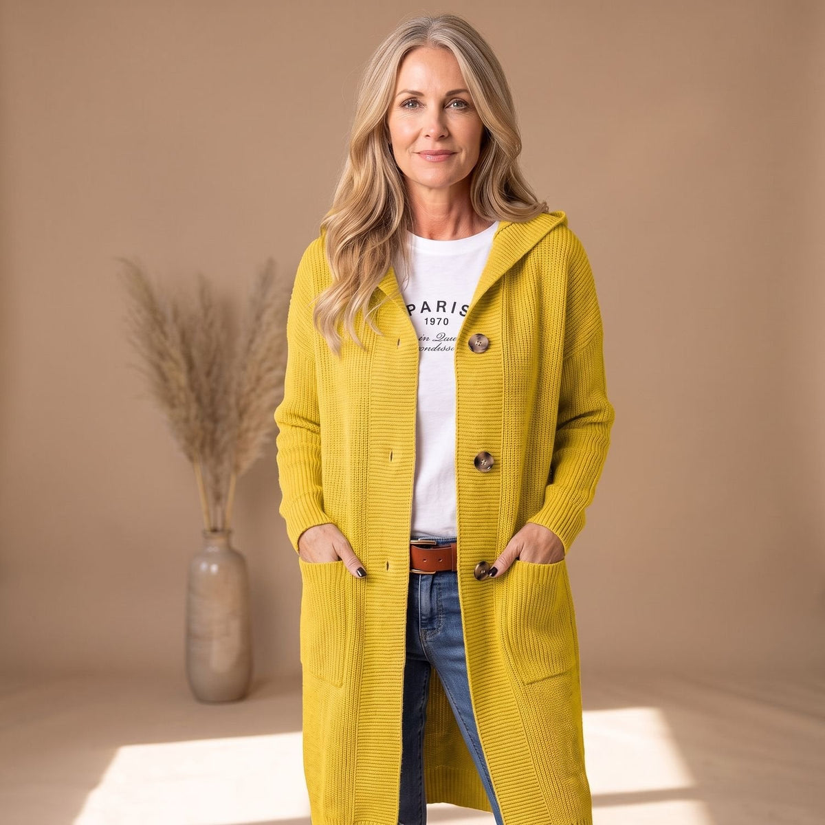 Emma | Women's Long Ribbed Knit Cardigan with Hood and Button Front