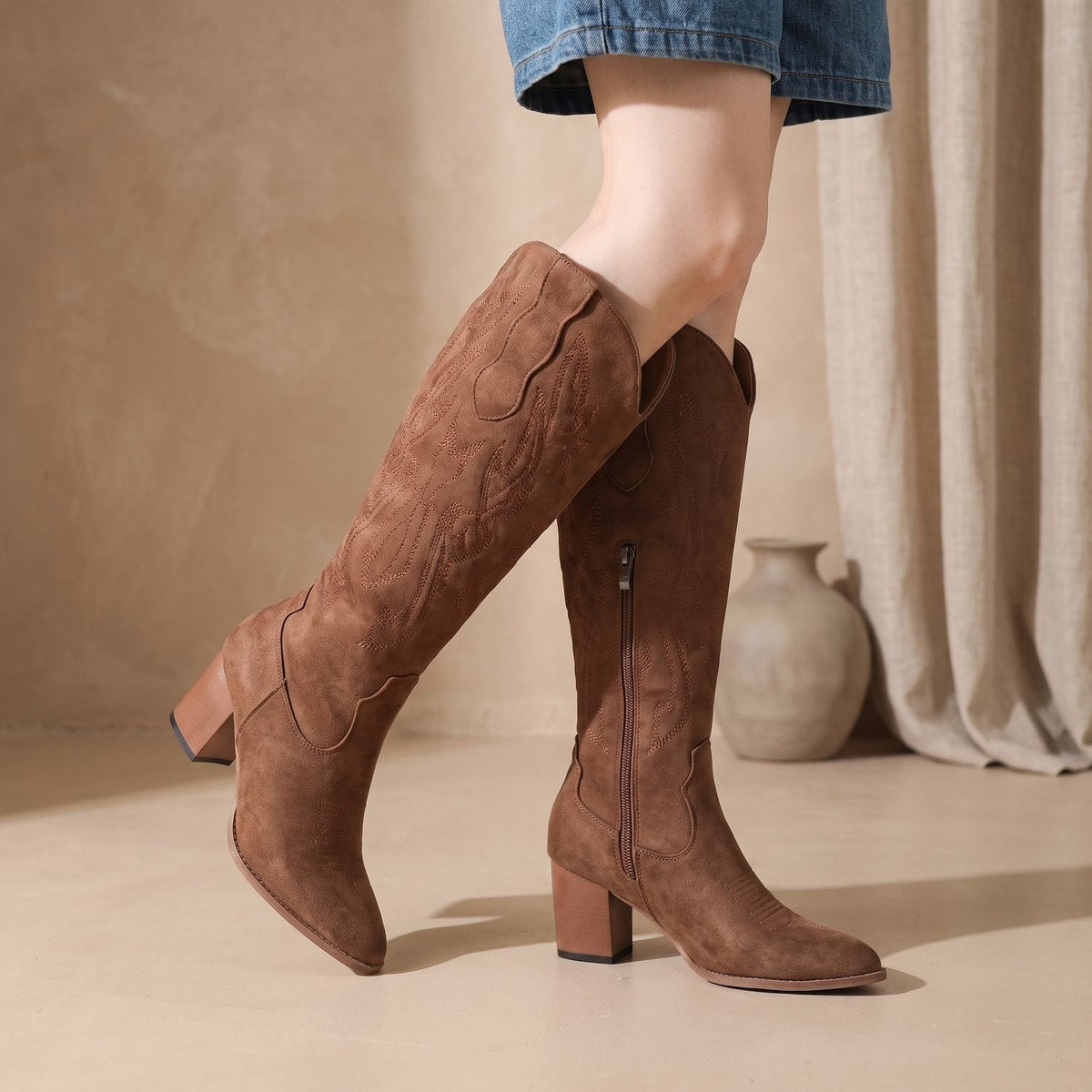 Aria | Women's Embroidered Faux Leather Knee-High Cowgirl Boots