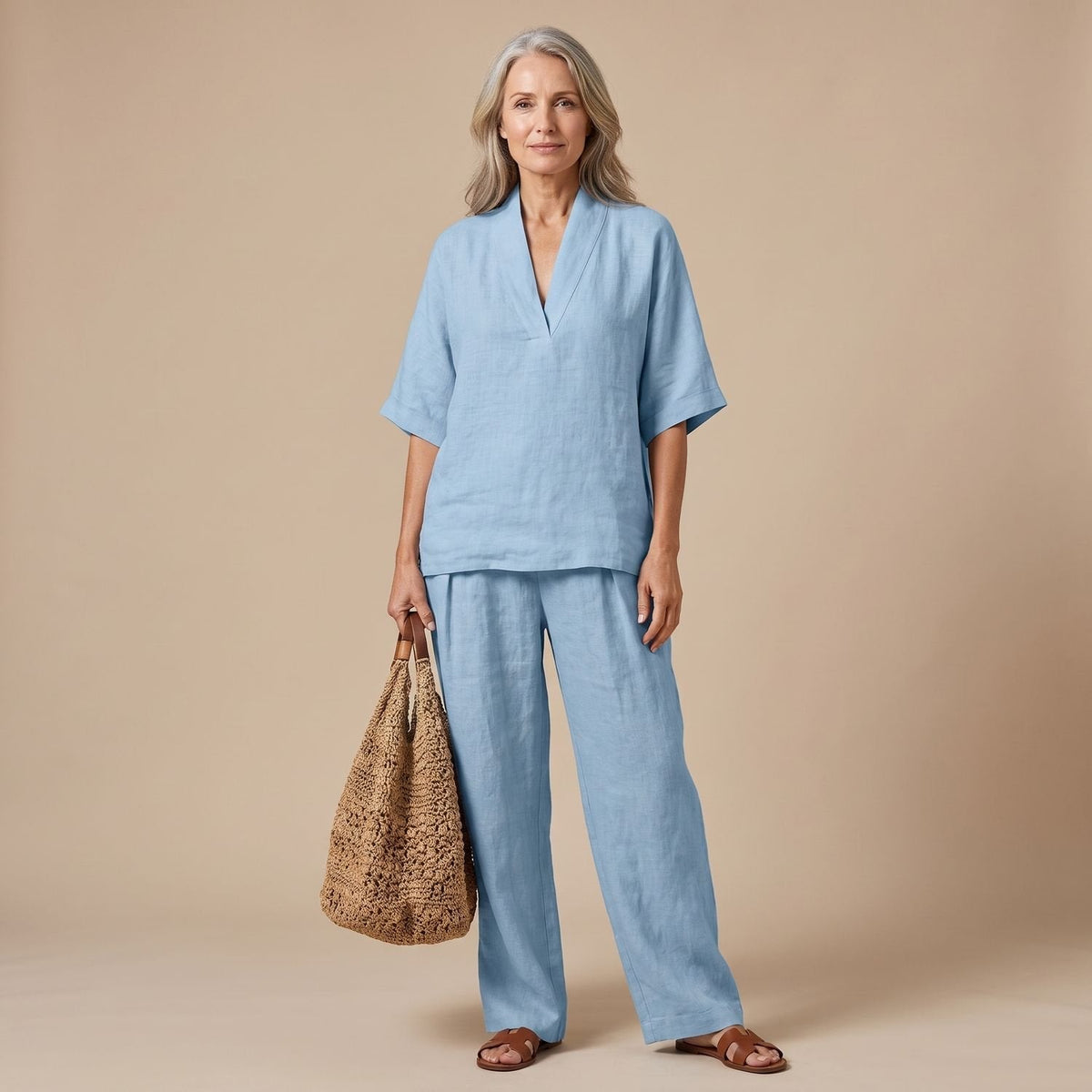 Sophia | Women's V-Neck Linen Two-Piece Set with Wide-Leg Trousers