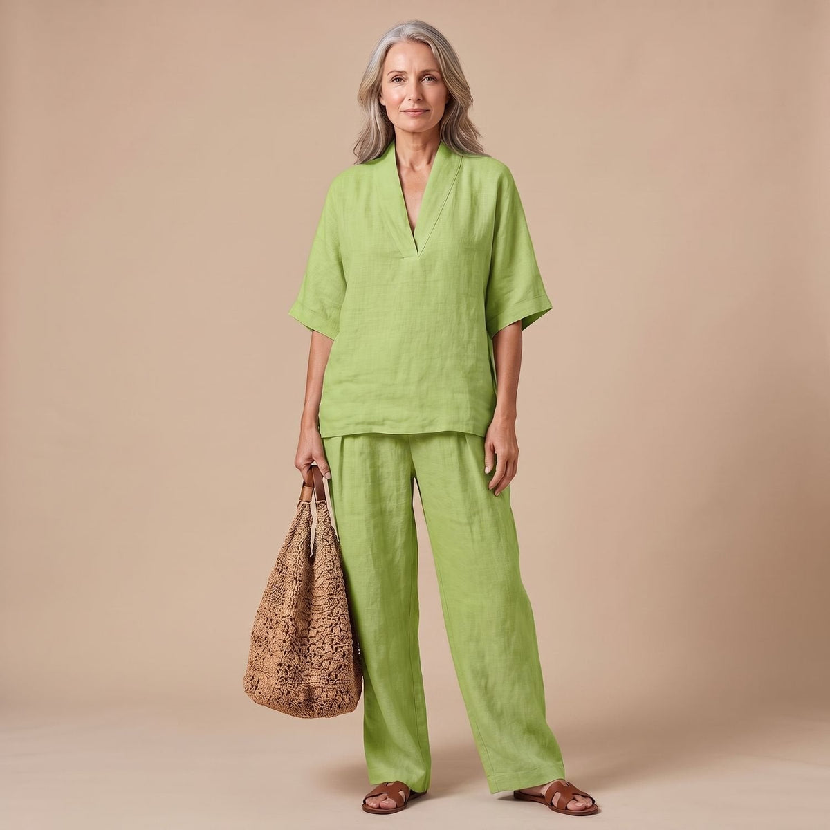 Sophia | Women's V-Neck Linen Two-Piece Set with Wide-Leg Trousers