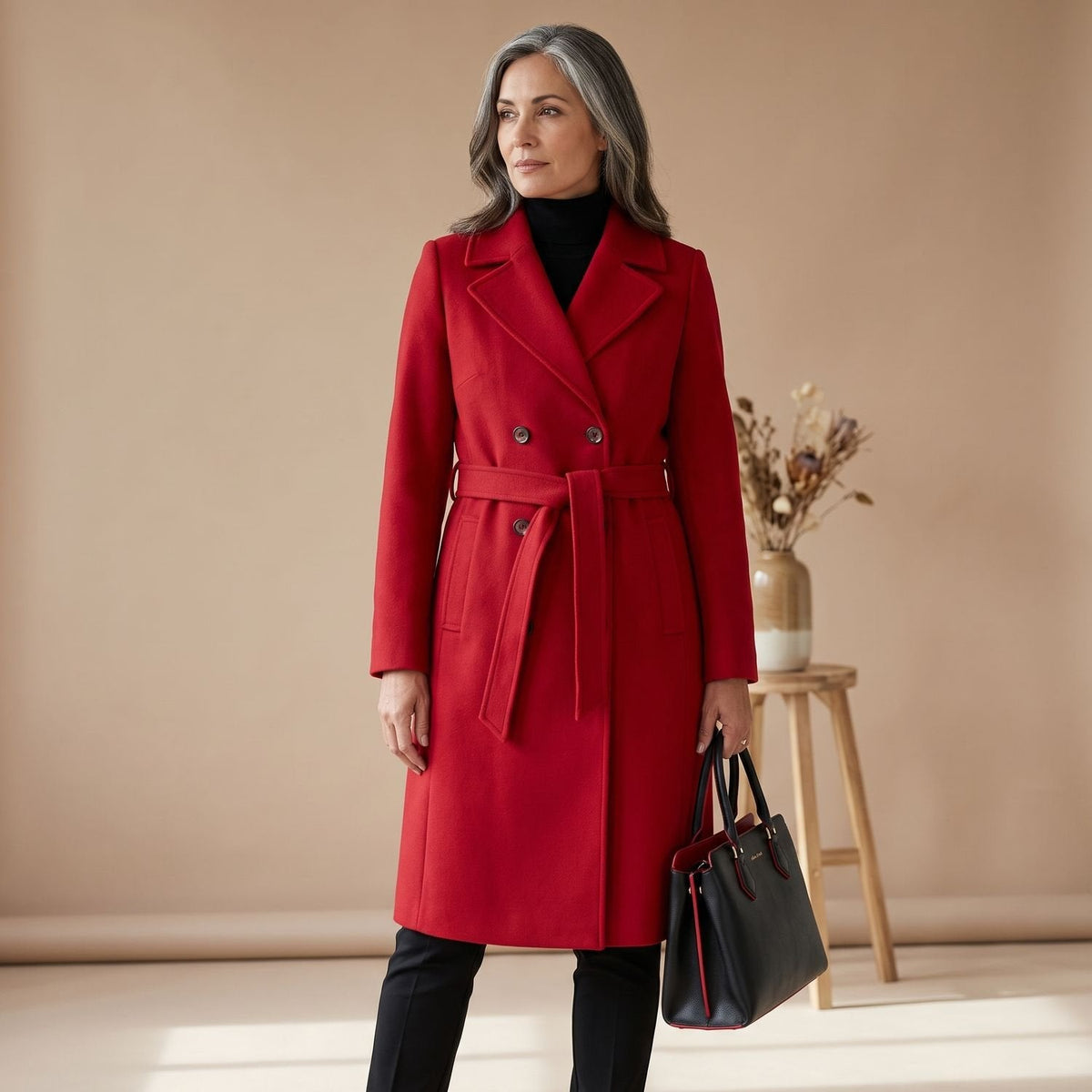 Penelope | Women's Notch Lapel Longline Wool Coat with Double Buttons