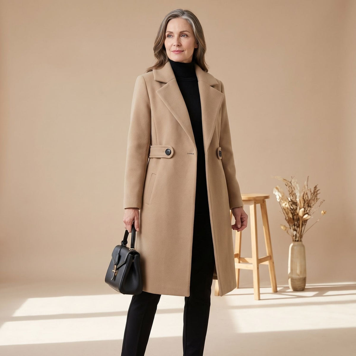 Penelope | Women's Notch Lapel Longline Wool Coat with Double Buttons