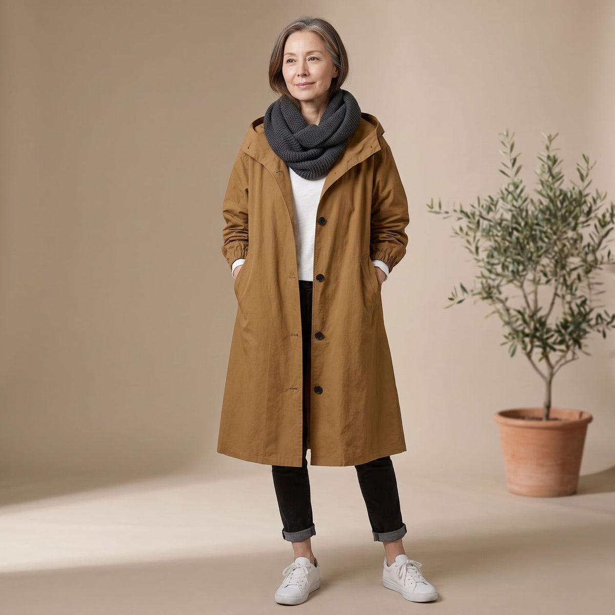 Mia | Women's A-Line Long Trench Coat with Oversized Hood