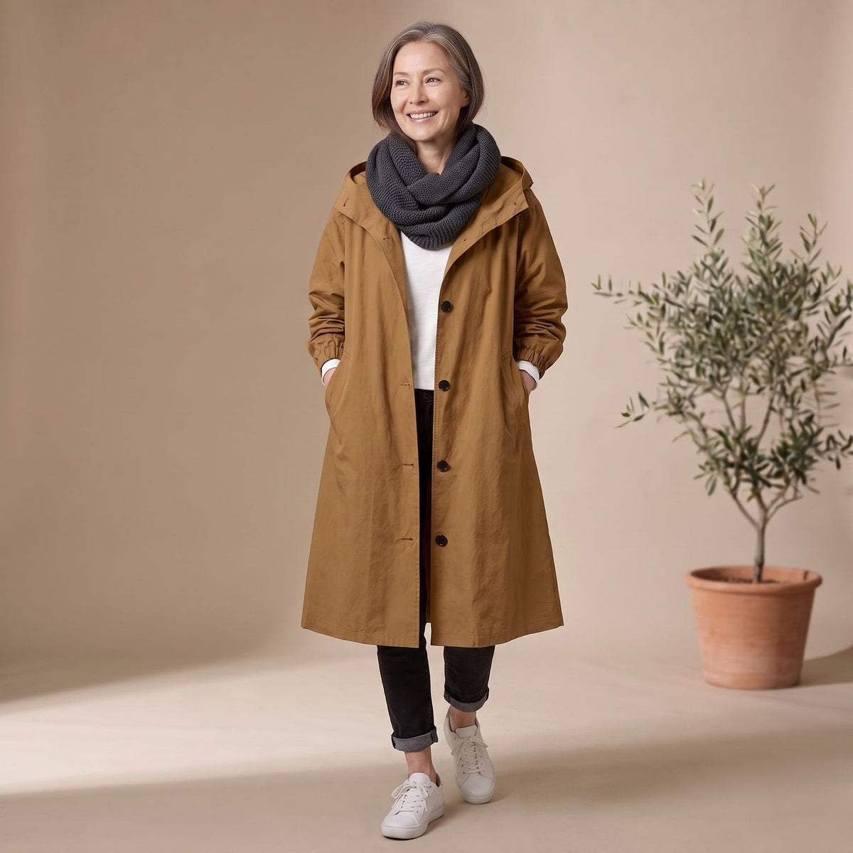 Mia | Women's A-Line Long Trench Coat with Oversized Hood