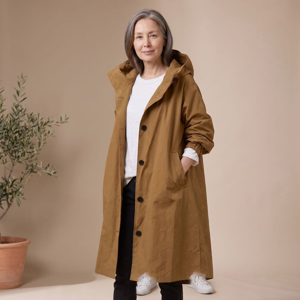 Mia | Women's A-Line Long Trench Coat with Oversized Hood