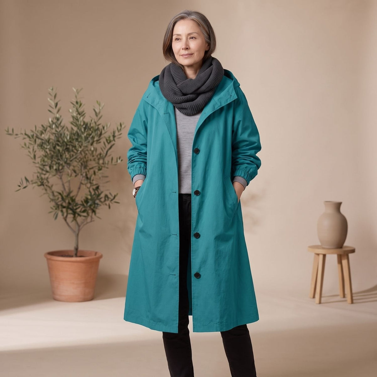 Mia | Women's A-Line Long Trench Coat with Oversized Hood