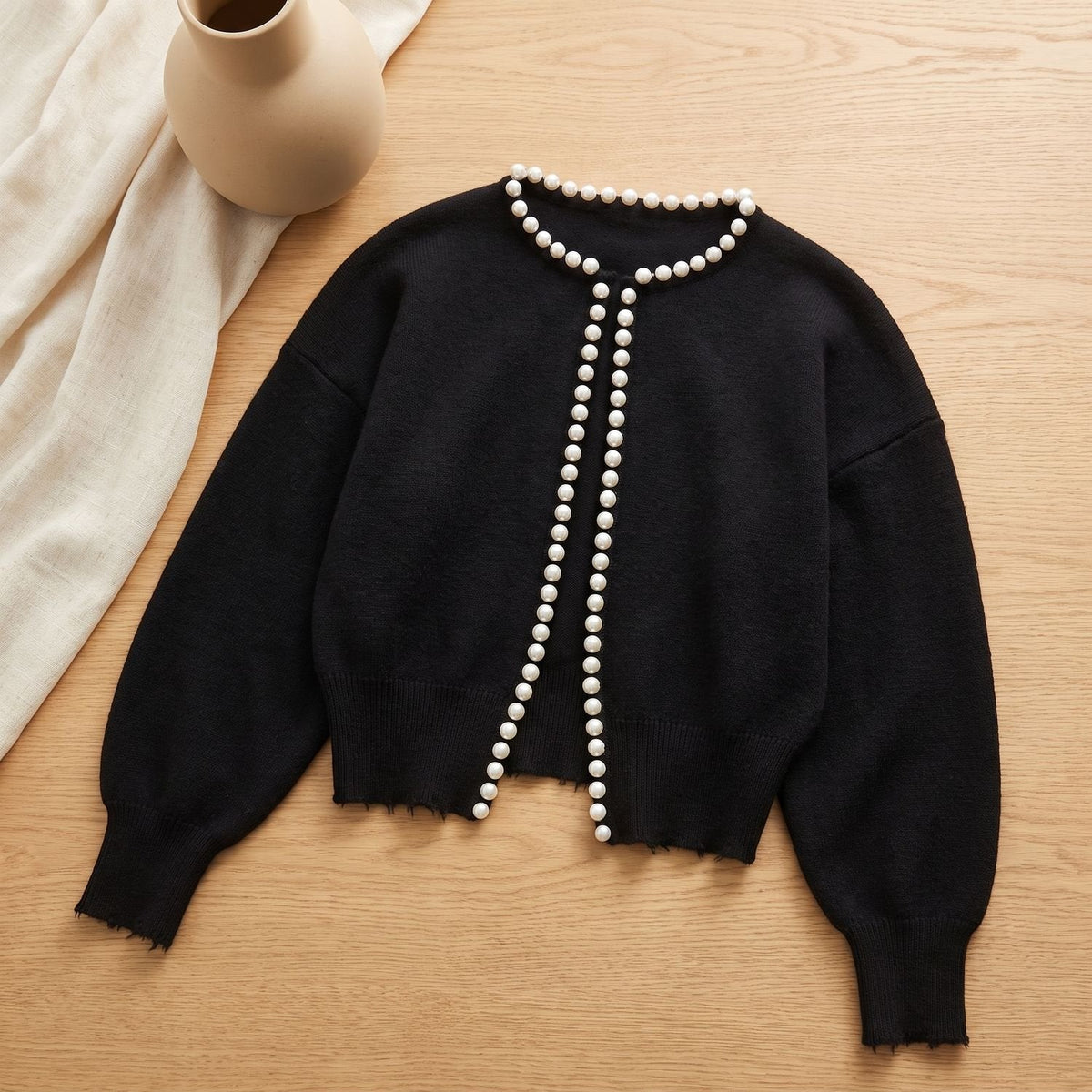 Evelyn | Women's Cropped Knit Cardigan with Pearl Trim