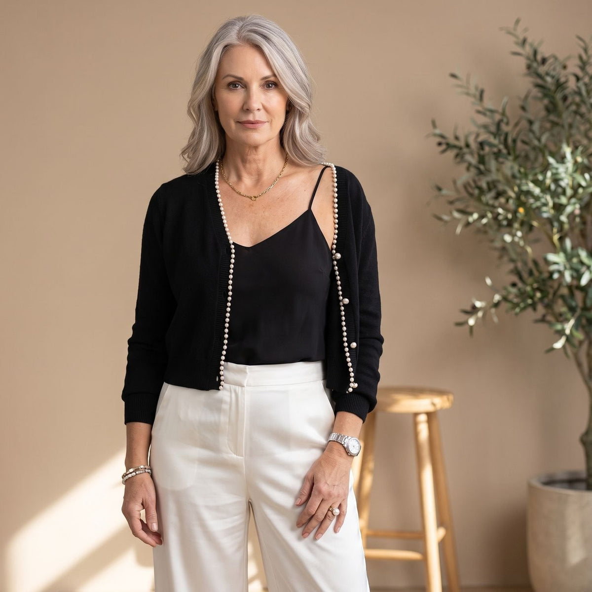 Evelyn | Women's Cropped Knit Cardigan with Pearl Trim