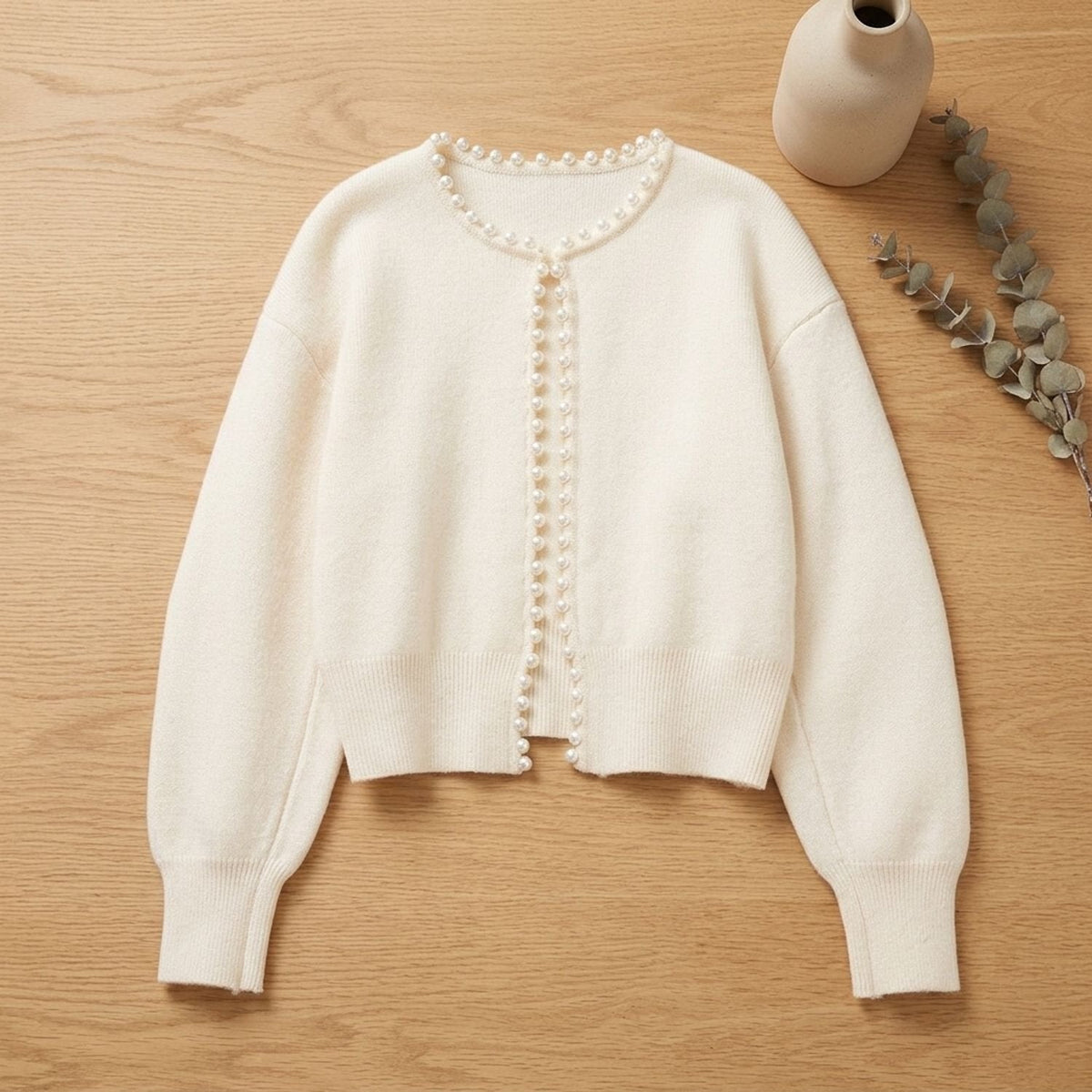 Evelyn | Women's Cropped Knit Cardigan with Pearl Trim