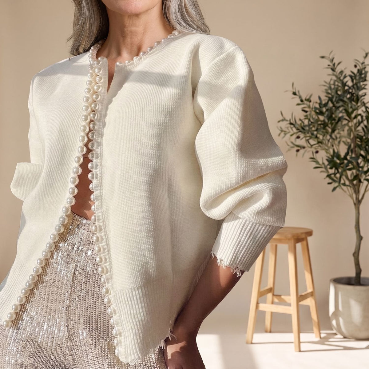 Evelyn | Women's Cropped Knit Cardigan with Pearl Trim