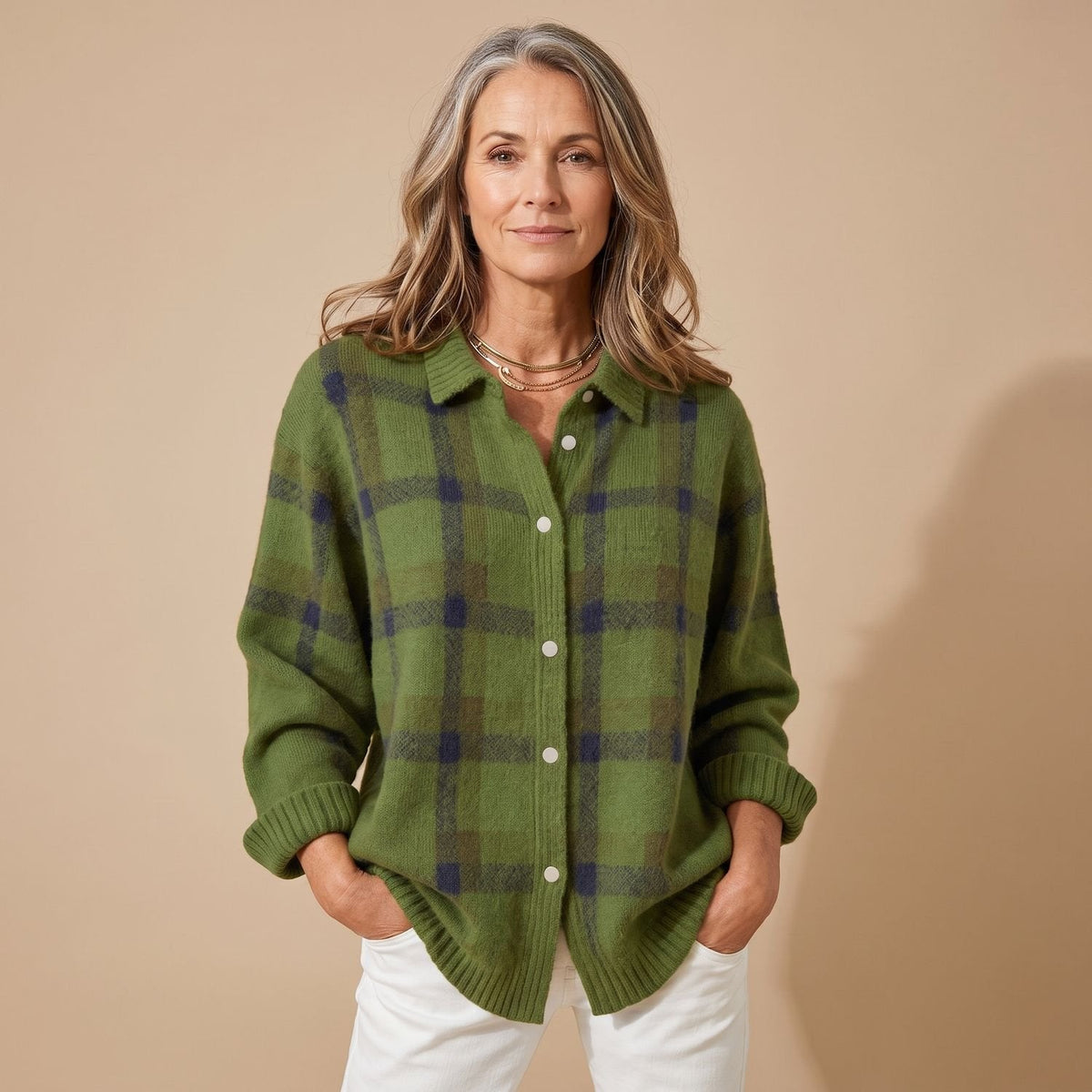 Camila | Women's Knit Cardigan with Plaid Button-Down Collar
