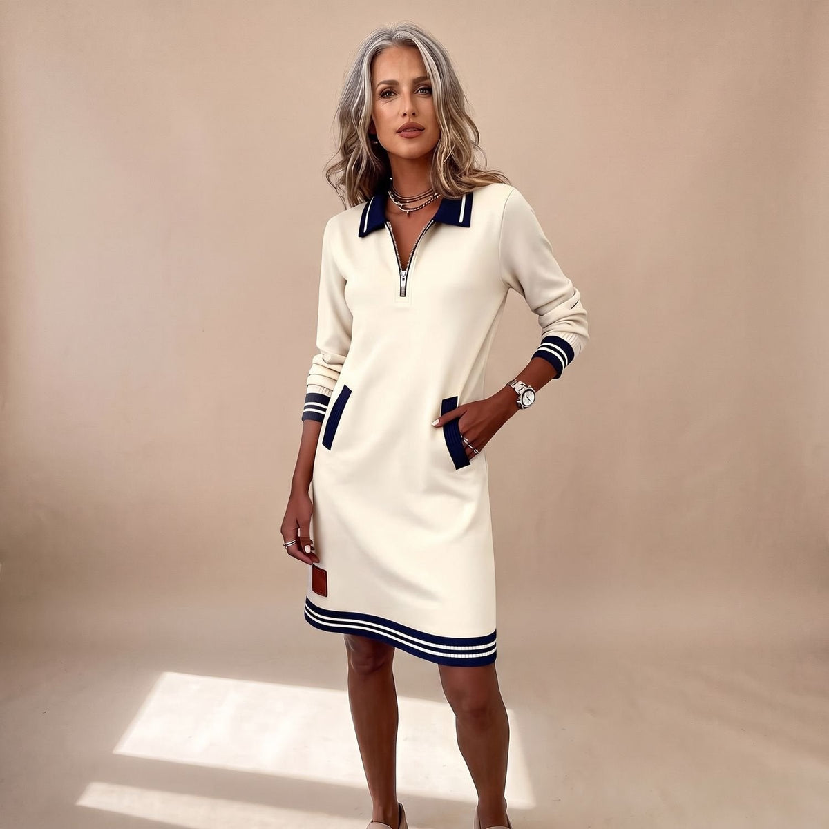 Harper | Women's Long-Sleeve Sweatshirt Dress with Quarter-Zip Polo Collar