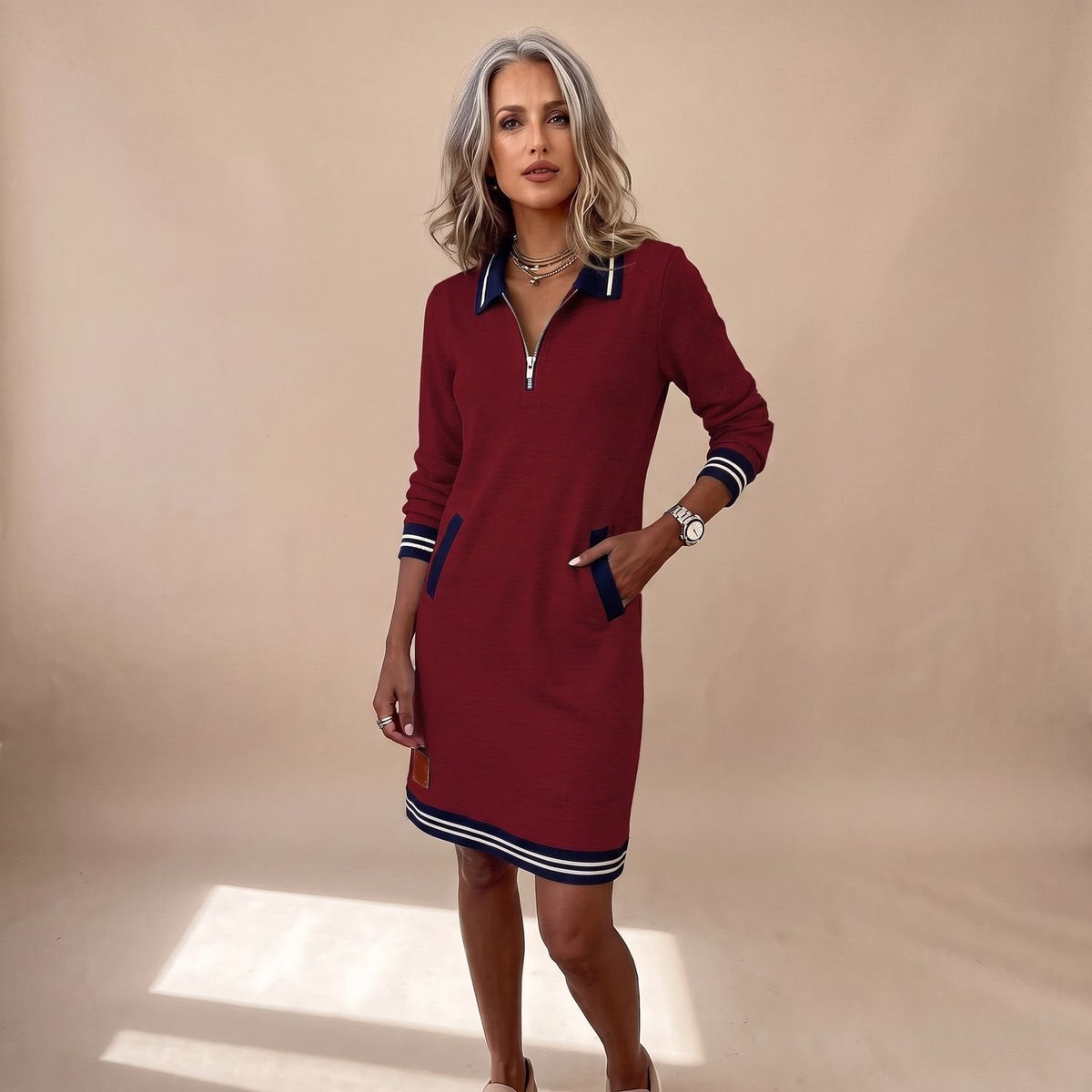 Harper | Women's Long-Sleeve Sweatshirt Dress with Quarter-Zip Polo Collar