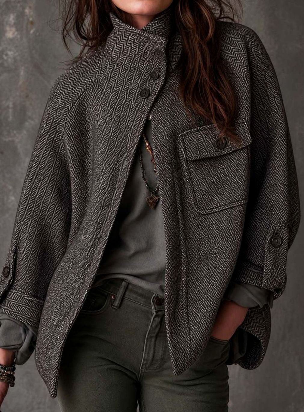 Camila | Women's Herringbone Funnel-Neck Button-Up Jacket - Relaxed Fit