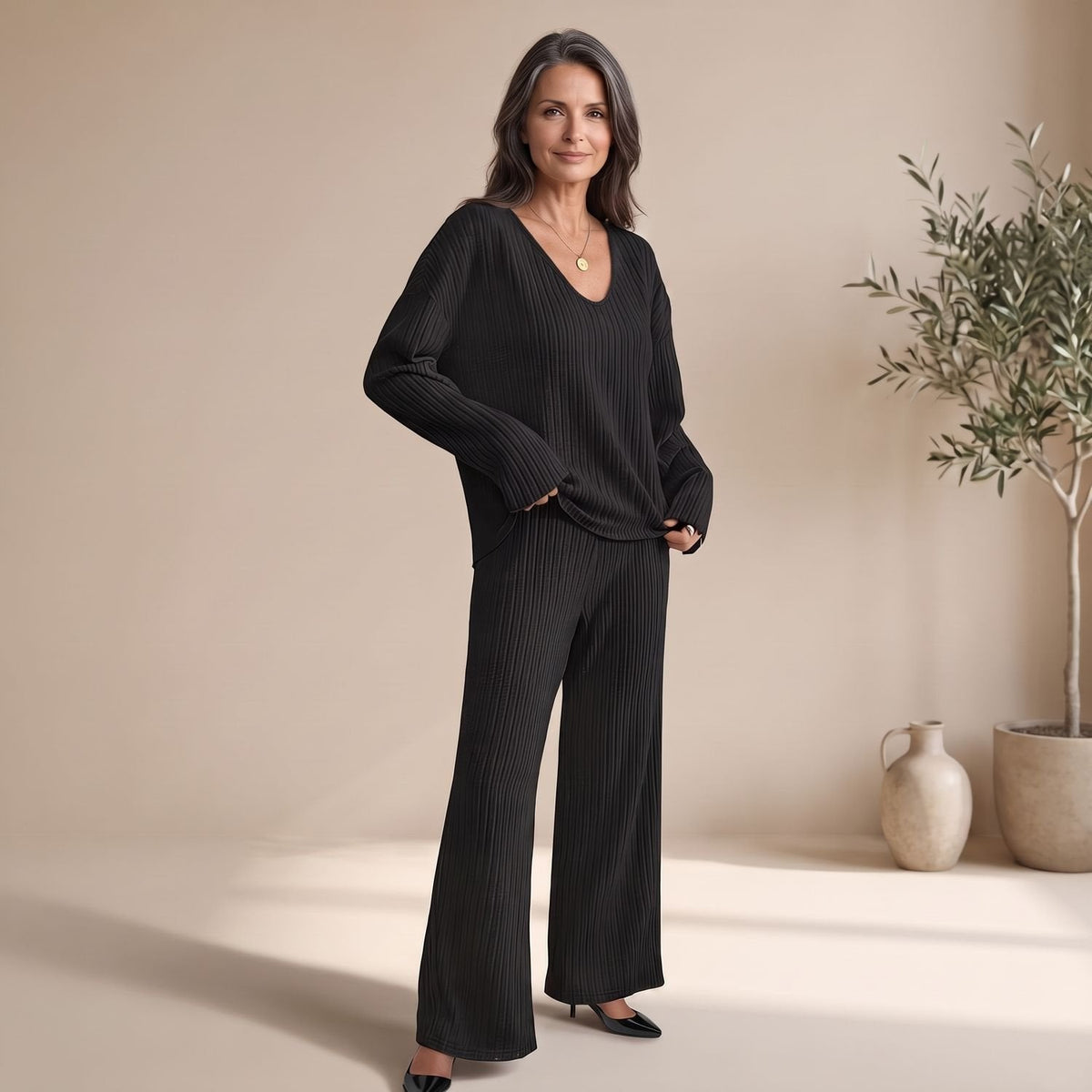 Harper | Women's V-Neck Ribbed Knit Two-Piece Lounge Set with Wide Legs
