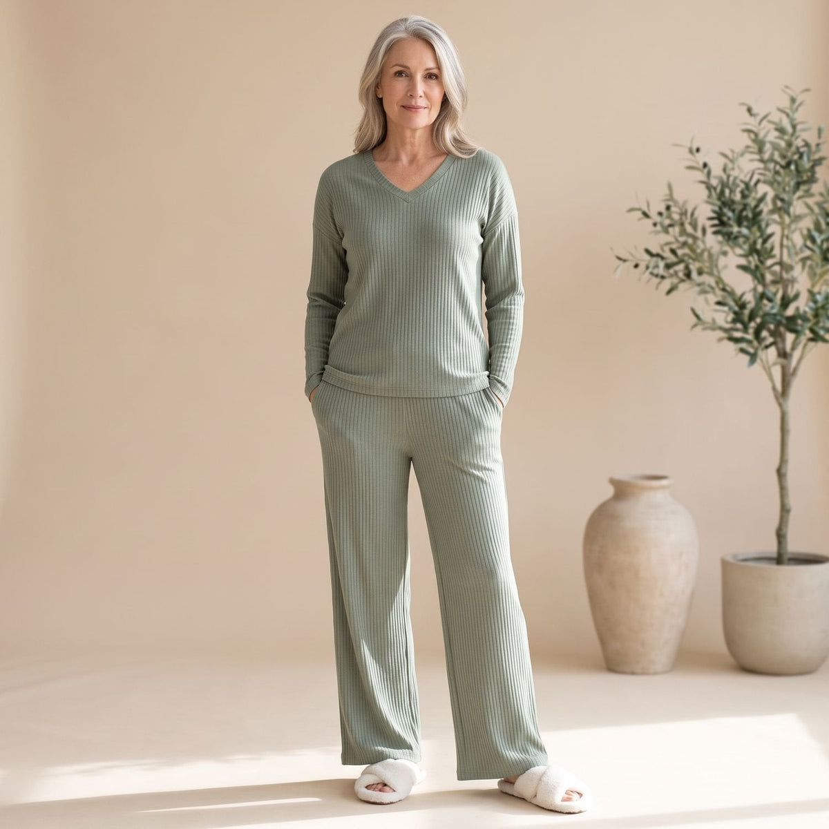 Harper | Women's V-Neck Ribbed Knit Two-Piece Lounge Set with Wide Legs