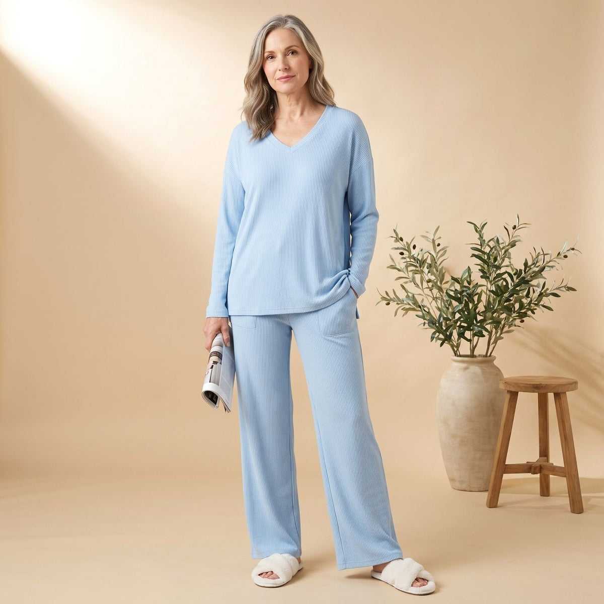 Harper | Women's V-Neck Ribbed Knit Two-Piece Lounge Set with Wide Legs