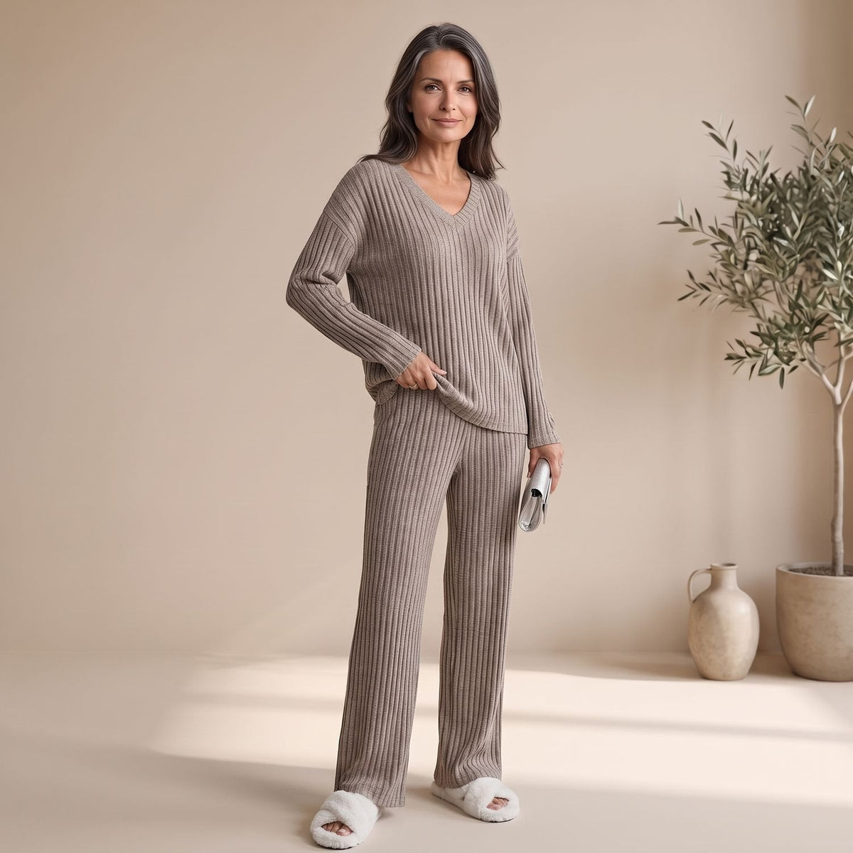 Harper | Women's V-Neck Ribbed Knit Two-Piece Lounge Set with Wide Legs