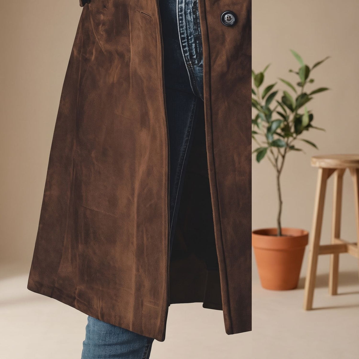 Mia | Women's Knee-Length Coat with Suede Finish and Button Front