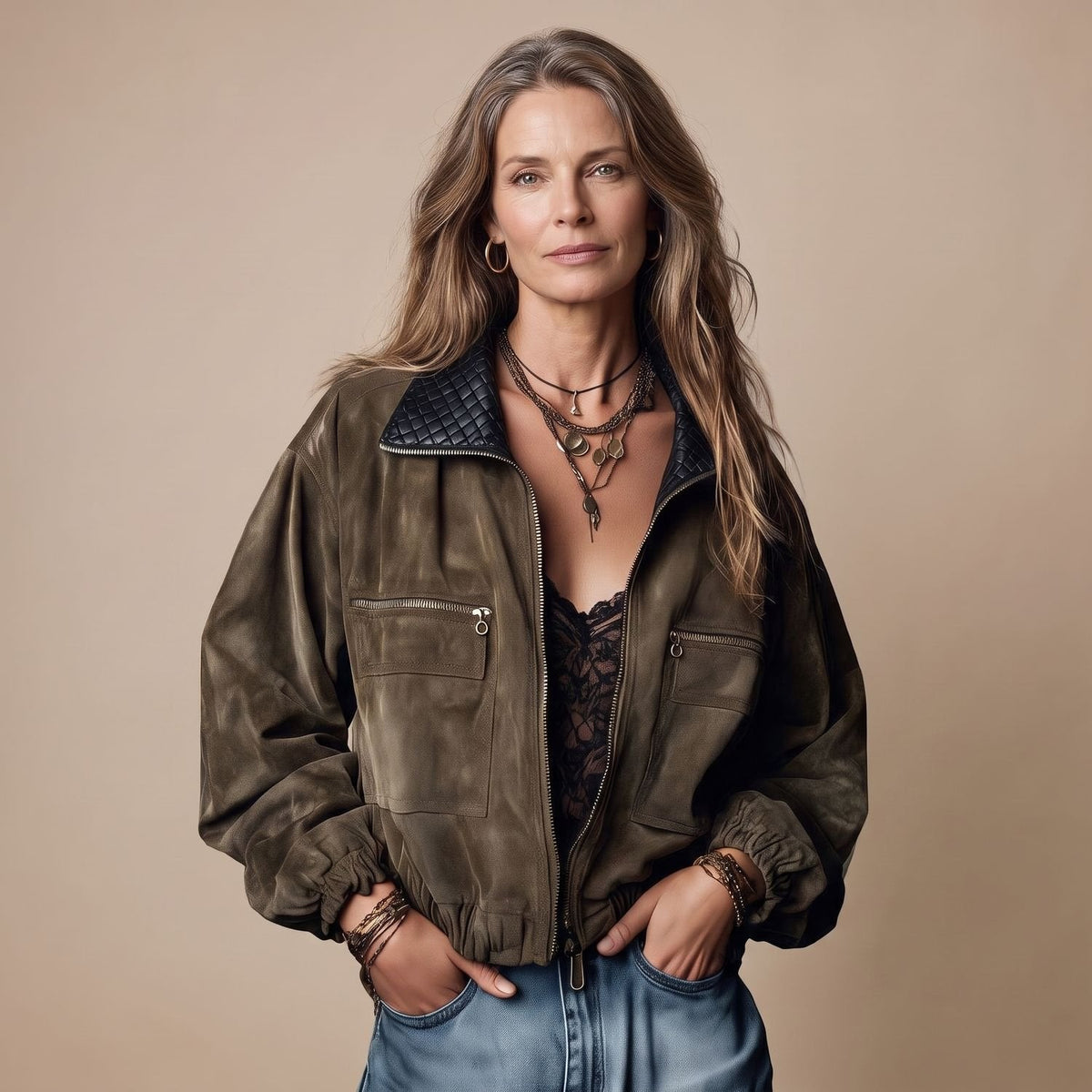 Olivia | Women's Retro Suede-Style Quilted Collar Zip Bomber Jacket