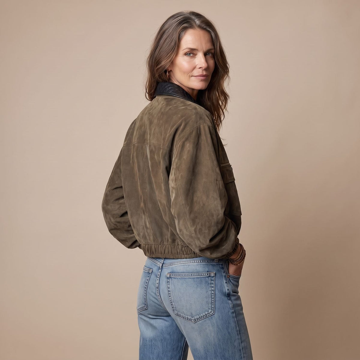 Olivia | Women's Retro Suede-Style Quilted Collar Zip Bomber Jacket