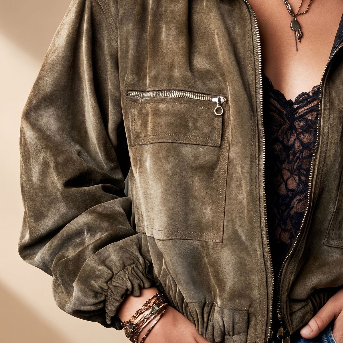Olivia | Women's Retro Suede-Style Quilted Collar Zip Bomber Jacket