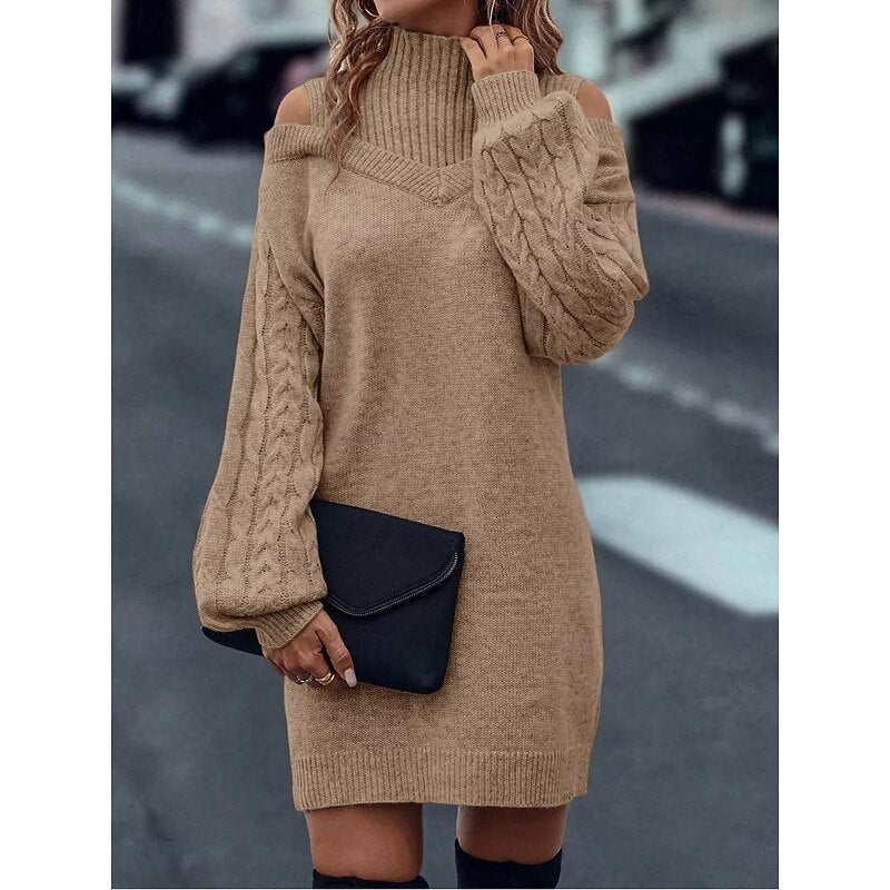 Everly | Turtleneck Sweater Dress with Cold Shoulder Design