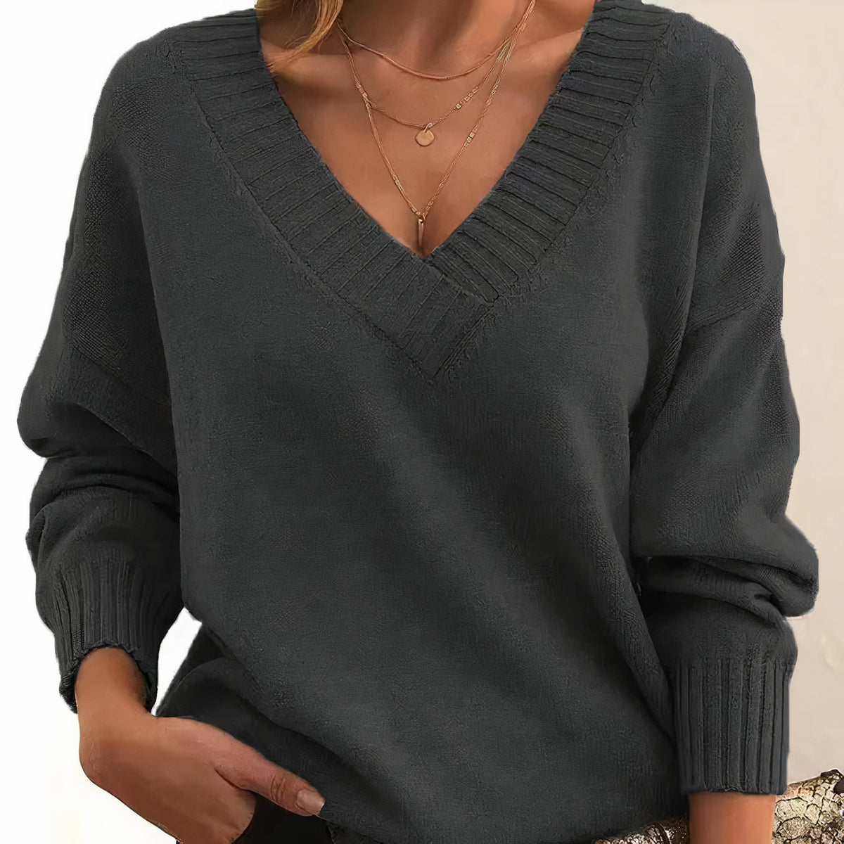 Soft Knitted V-Neck Sweater with Ribbed Edges for Women