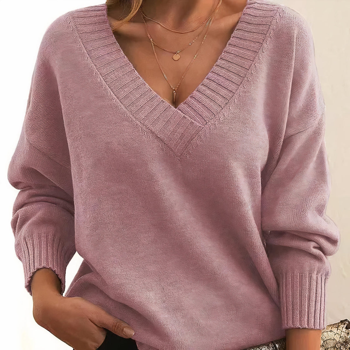 Soft Knitted V-Neck Sweater with Ribbed Edges for Women