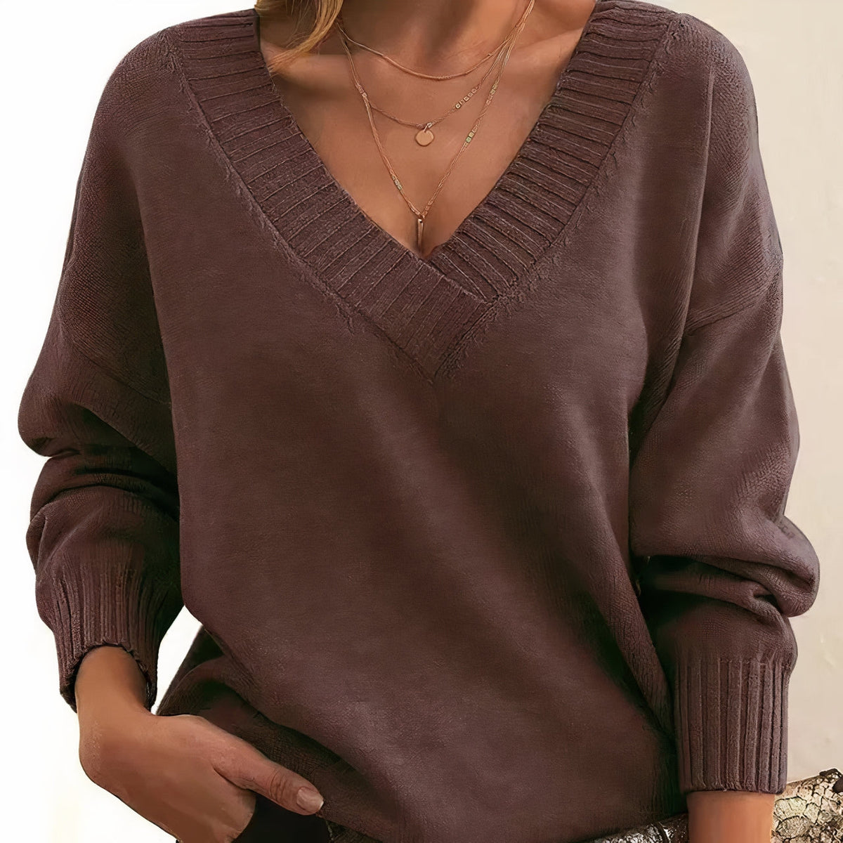 Soft Knitted V-Neck Sweater with Ribbed Edges for Women
