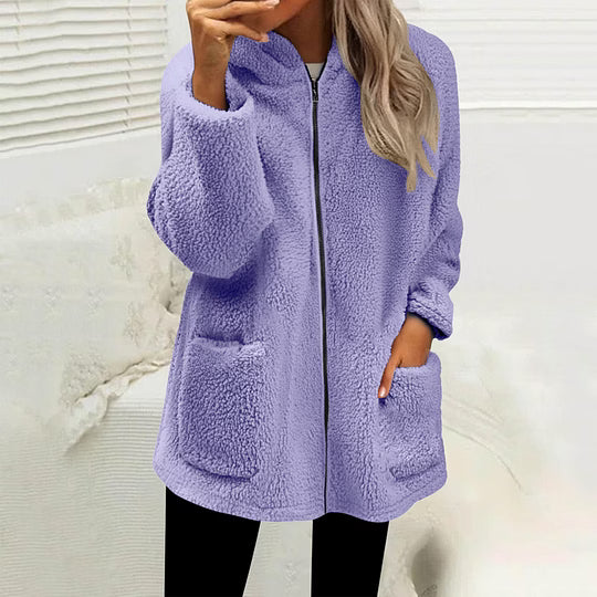 High Collar Women's Fleece Jacket with Zip-Up Closure and Pockets