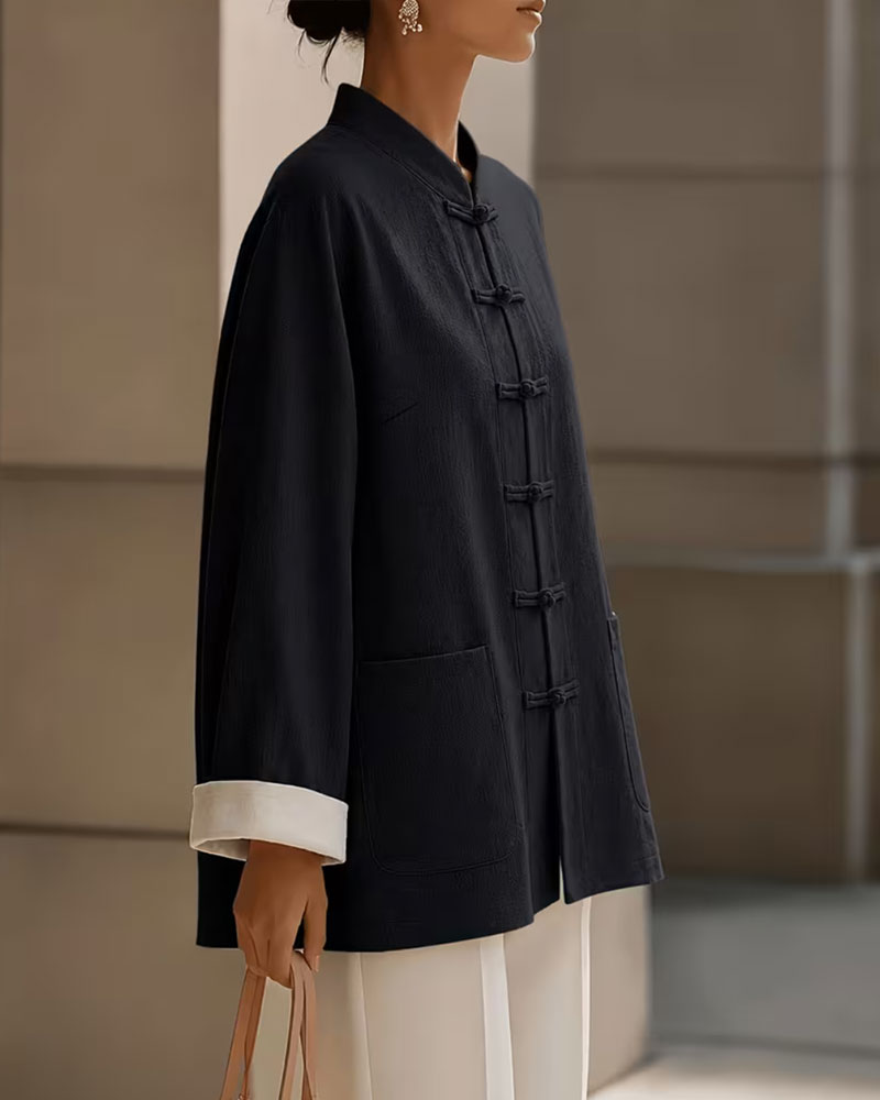 Button-Up Stand Collar Coat in Solid Color
