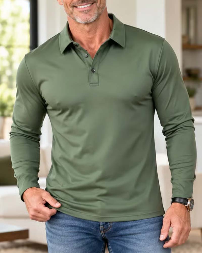 Men's Long Sleeve Polo Shirt with Collared Button Placket