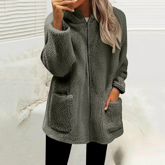 High Collar Women's Fleece Jacket with Zip-Up Closure and Pockets