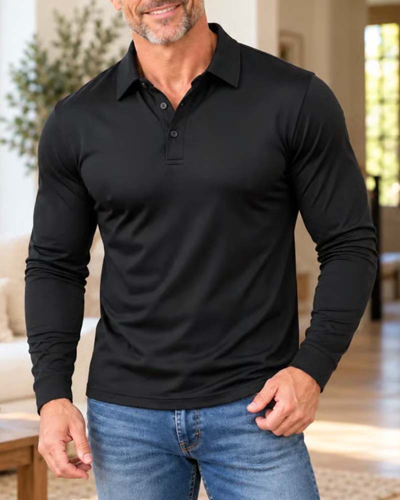 Men's Long Sleeve Polo Shirt with Collared Button Placket