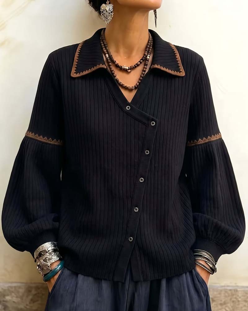 Lapel Buttoned Coat with Lantern Sleeves