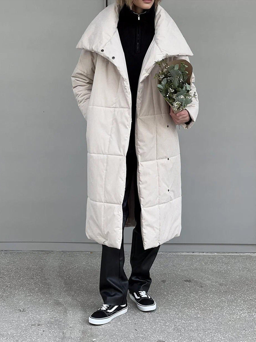 Anna | Women's Long Padded Jacket with Oversized Collar, Belted Waist, and Pockets