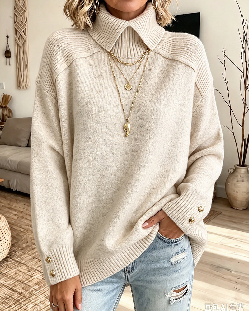 Relaxed Fit High Collar Button-Up Sweater