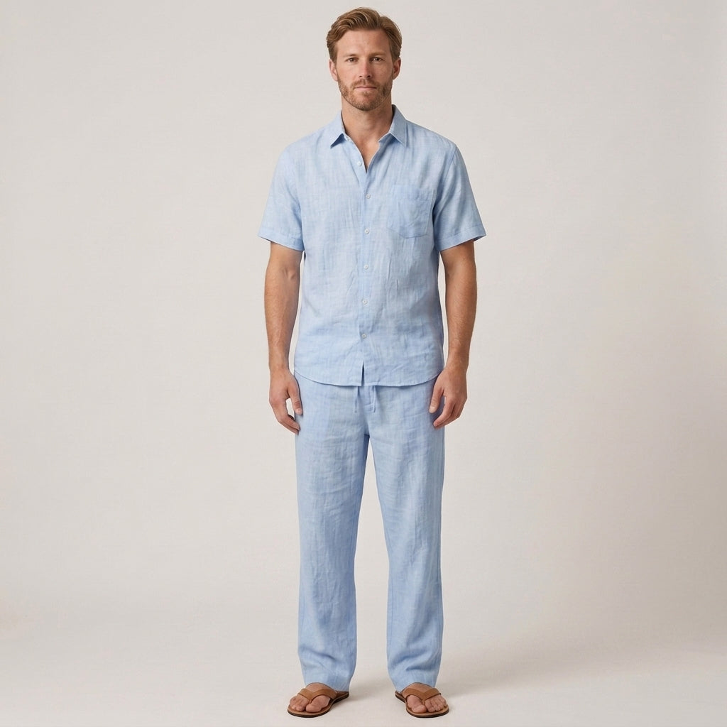 Two-Piece Summer Set with V-Neck Shirt and Wide Trousers for Men