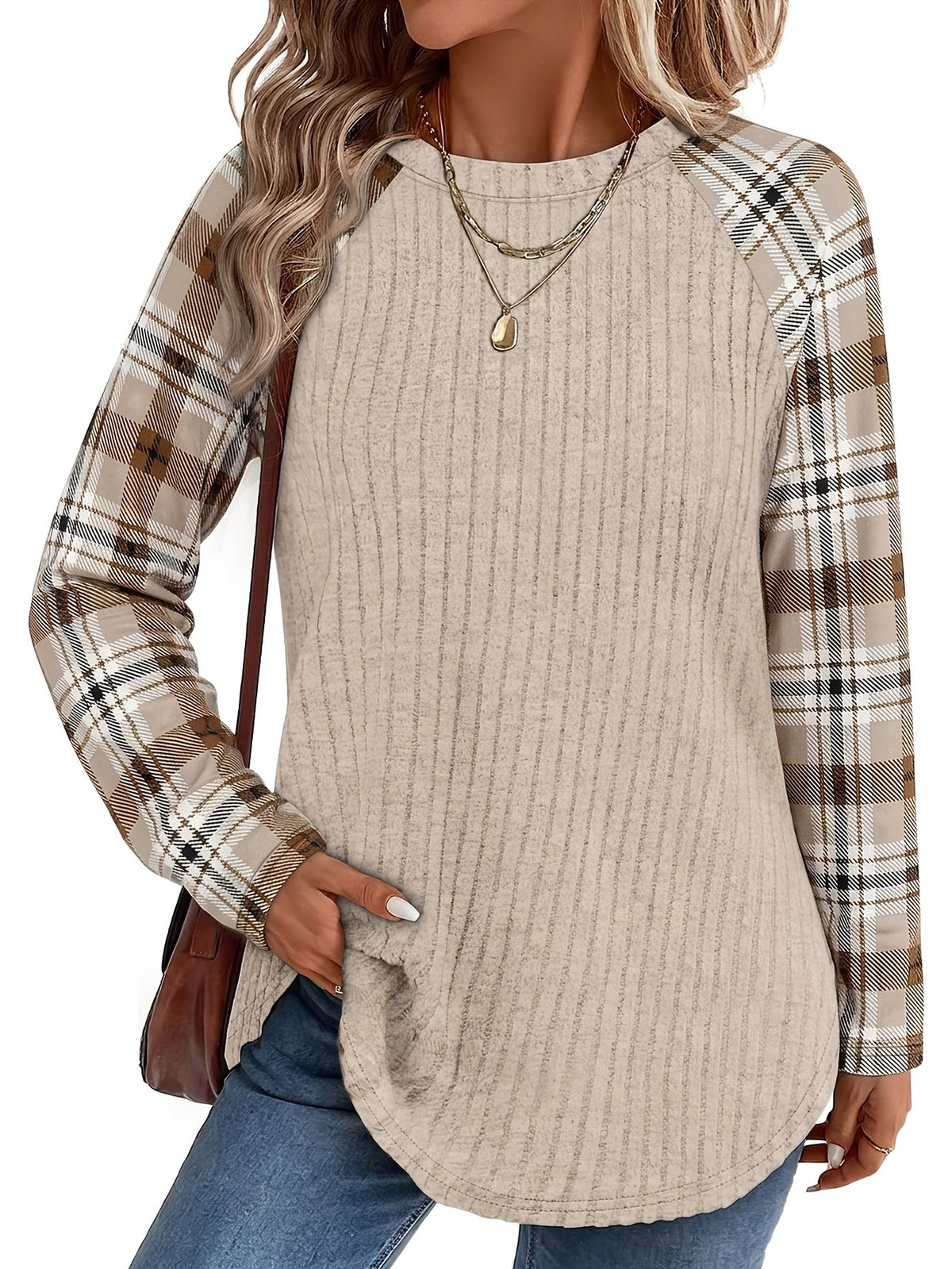 Audrey | Ribbed Top with Checkered Sleeves