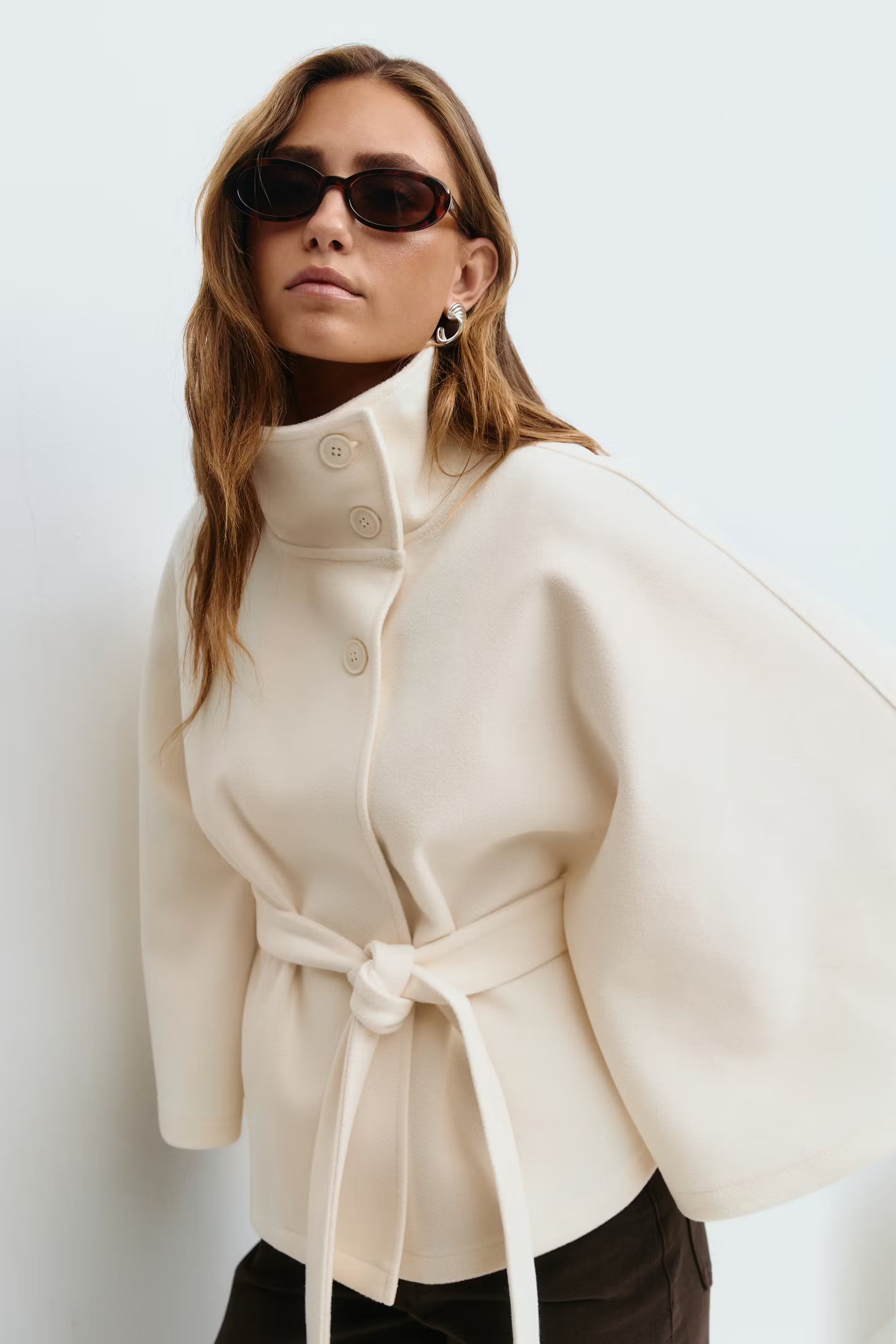 Cape Jas Dames Regular Fit Hoge Kraag Strik Ceintuur Winter