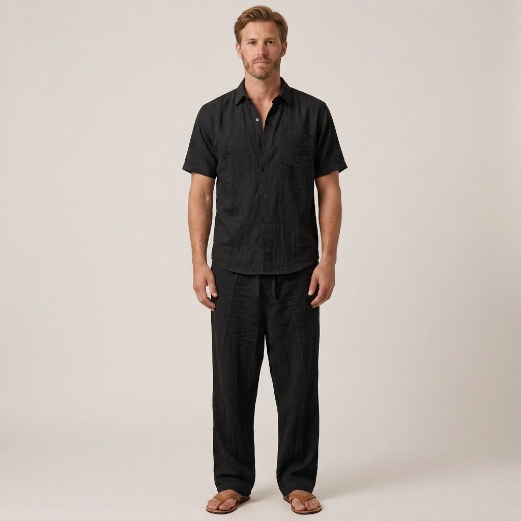 Two-Piece Summer Set with V-Neck Shirt and Wide Trousers for Men