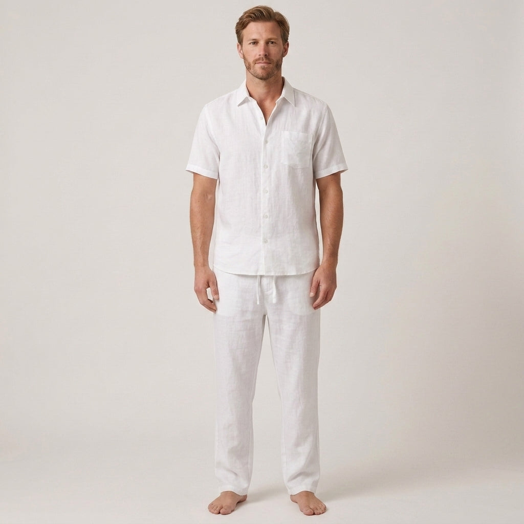 Two-Piece Summer Set with V-Neck Shirt and Wide Trousers for Men