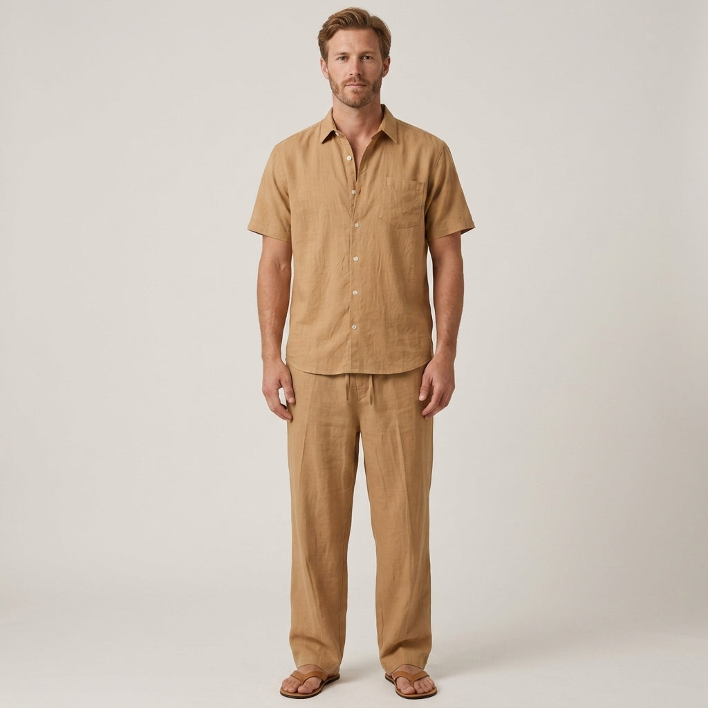 Two-Piece Summer Set with V-Neck Shirt and Wide Trousers for Men