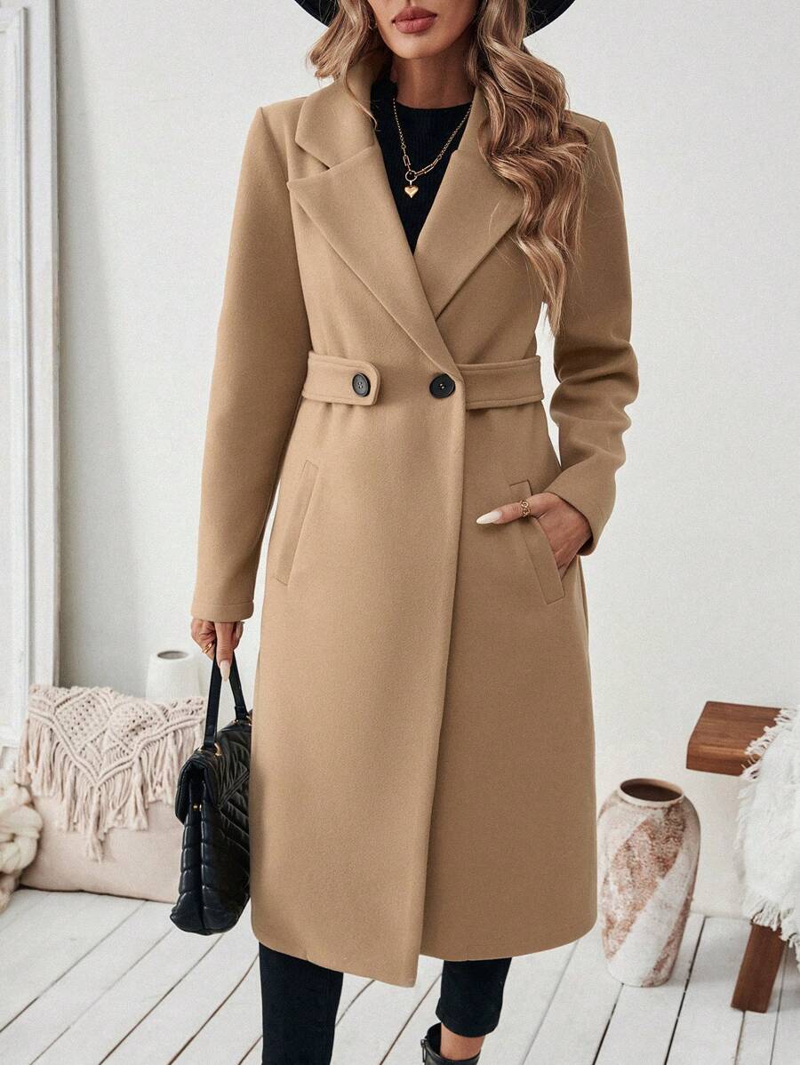 Elegant Women's Coat with Notched Collar, Defined Waist, Straight Fit, and Flap Pockets
