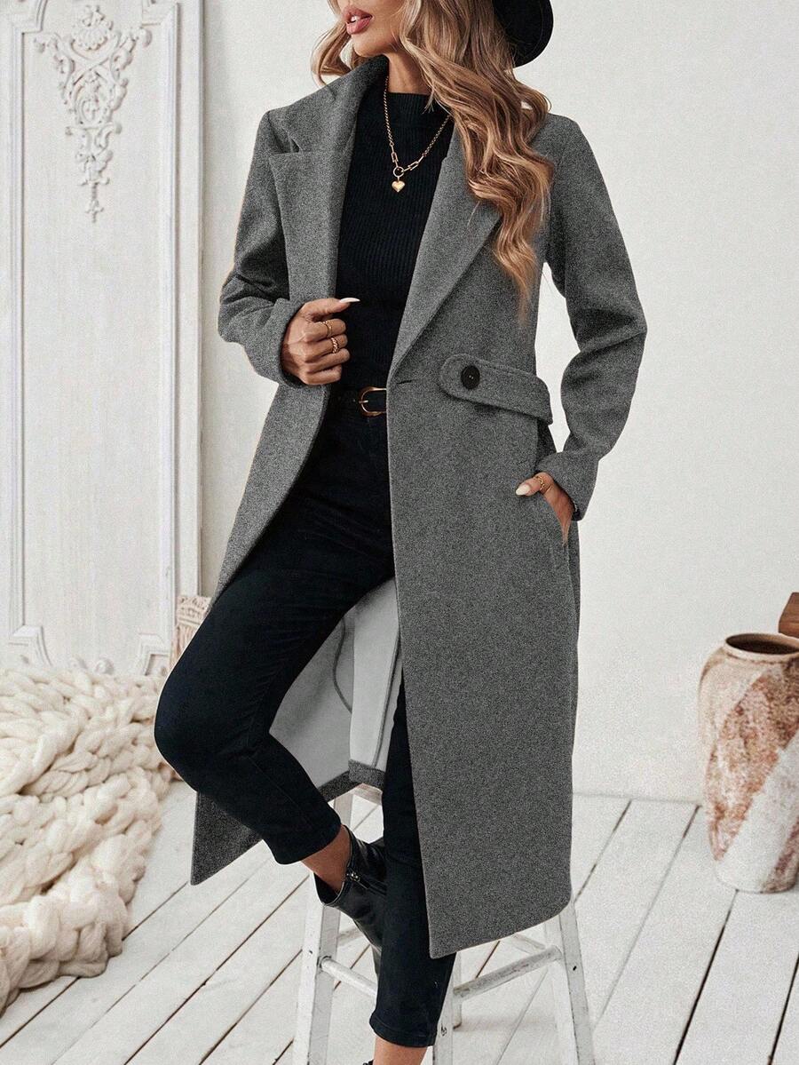 Elegant Women's Coat with Notched Collar, Defined Waist, Straight Fit, and Flap Pockets