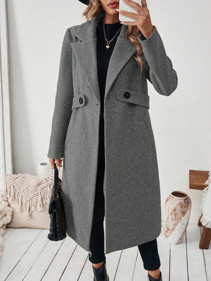 Elegant Women's Coat with Notched Collar, Defined Waist, Straight Fit, and Flap Pockets