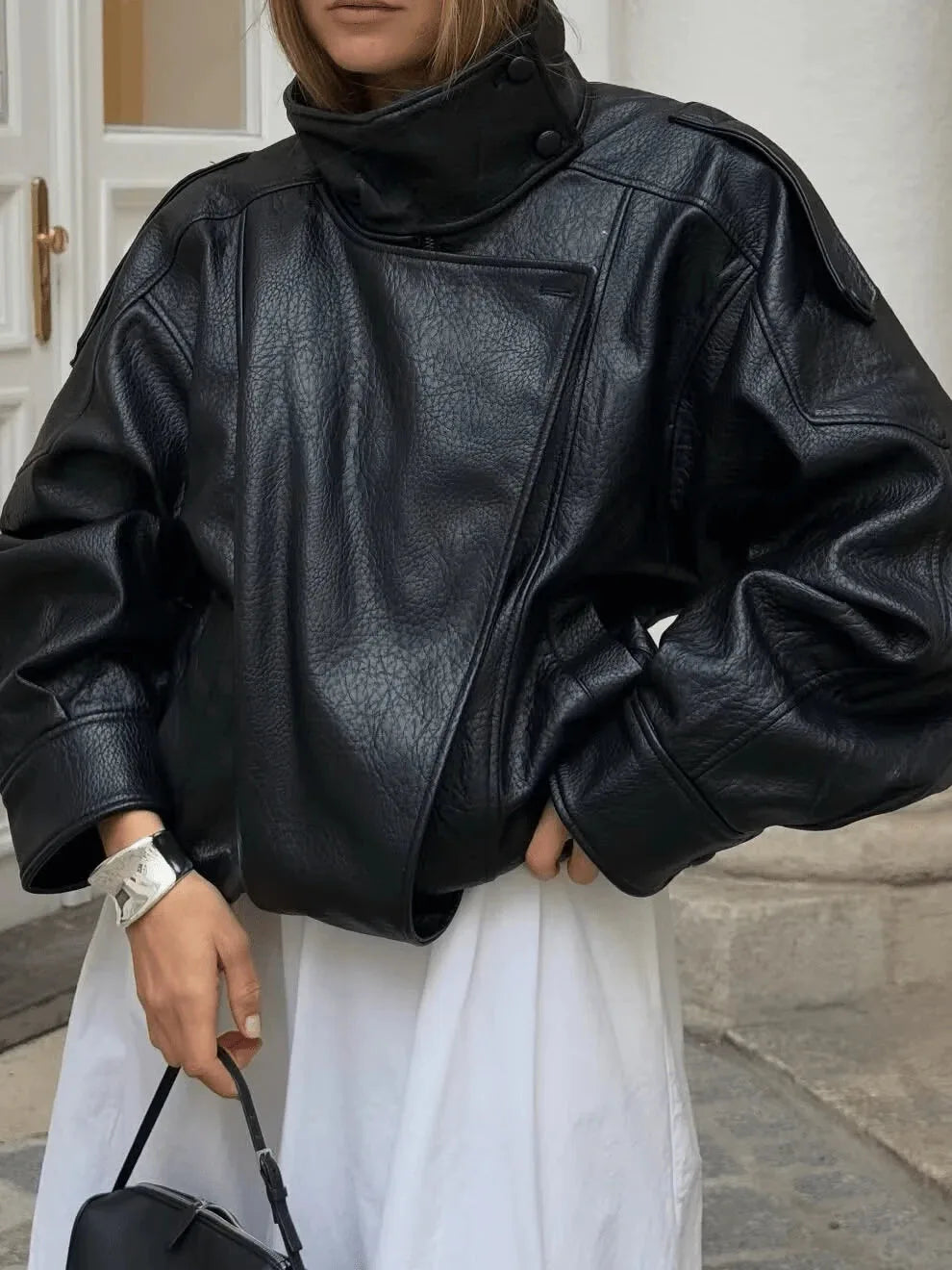 Leather Jacket for Women with Asymmetrical Closure
