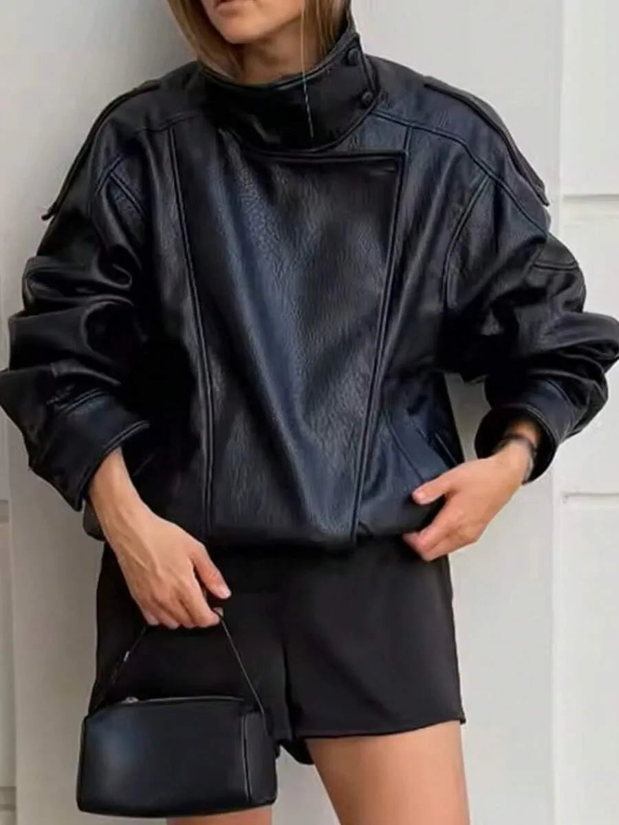 Leather Jacket for Women with Asymmetrical Closure